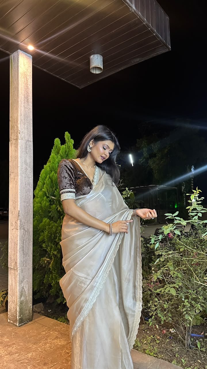 Vaishnavi Kadekar in a silver-grey saree with a velvet blouse